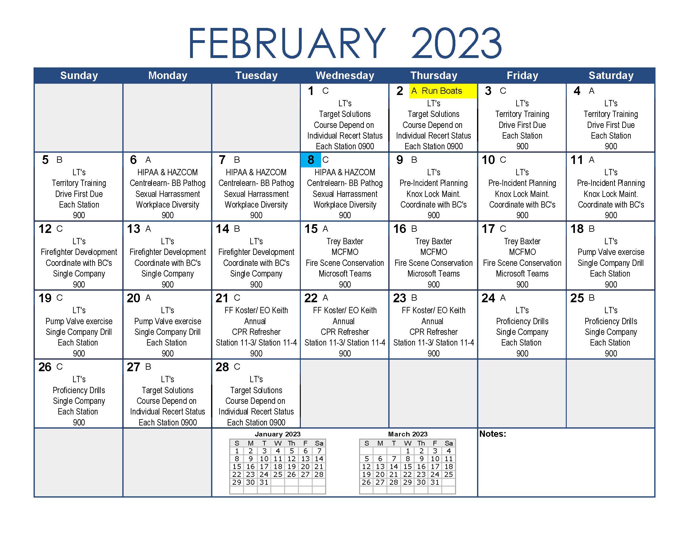 February Training calendar