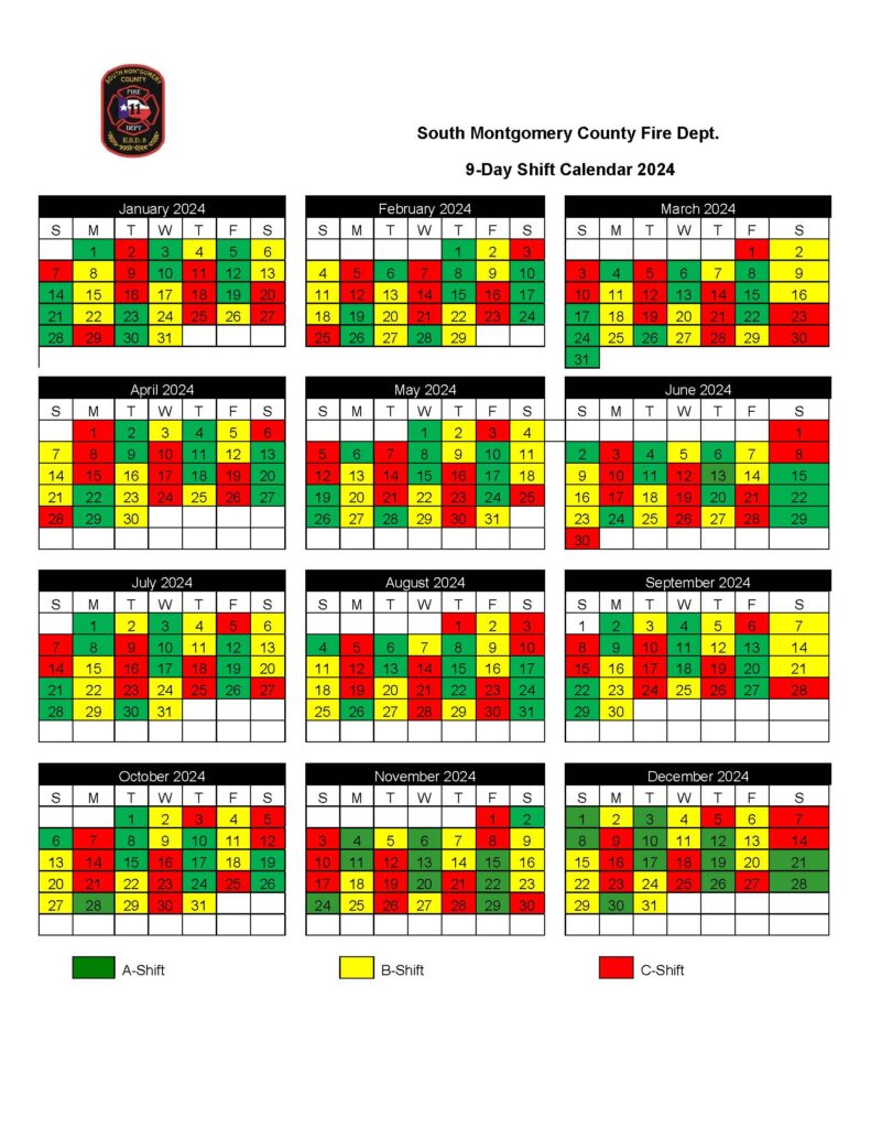 A shift calendar for South Montgomery County Fire Department for the year 2024, displaying a 9-day rotating shift schedule with A-Shift in green, B-Shift in yellow, and C-Shift in red across each month.