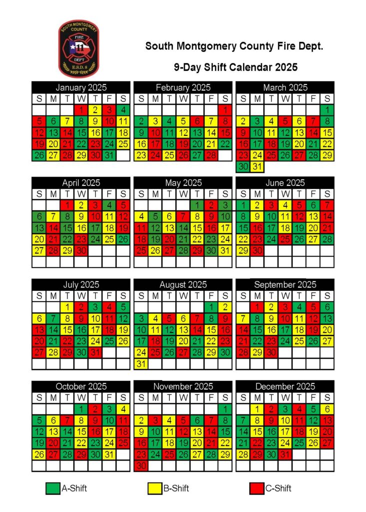 A shift calendar for South Montgomery County Fire Department for the year 2025, displaying a 9-day rotating shift schedule with A-Shift in green, B-Shift in yellow, and C-Shift in red across each month.