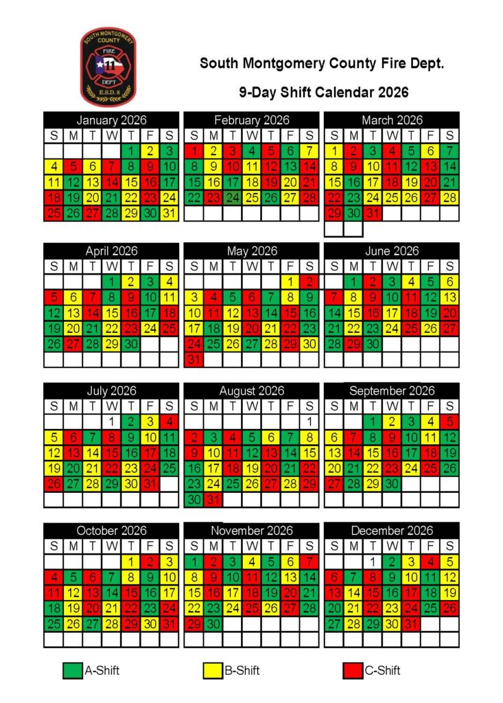 A shift calendar for South Montgomery County Fire Department for the year 2026, displaying a 9-day rotating shift schedule with A-Shift in green, B-Shift in yellow, and C-Shift in red across each month.