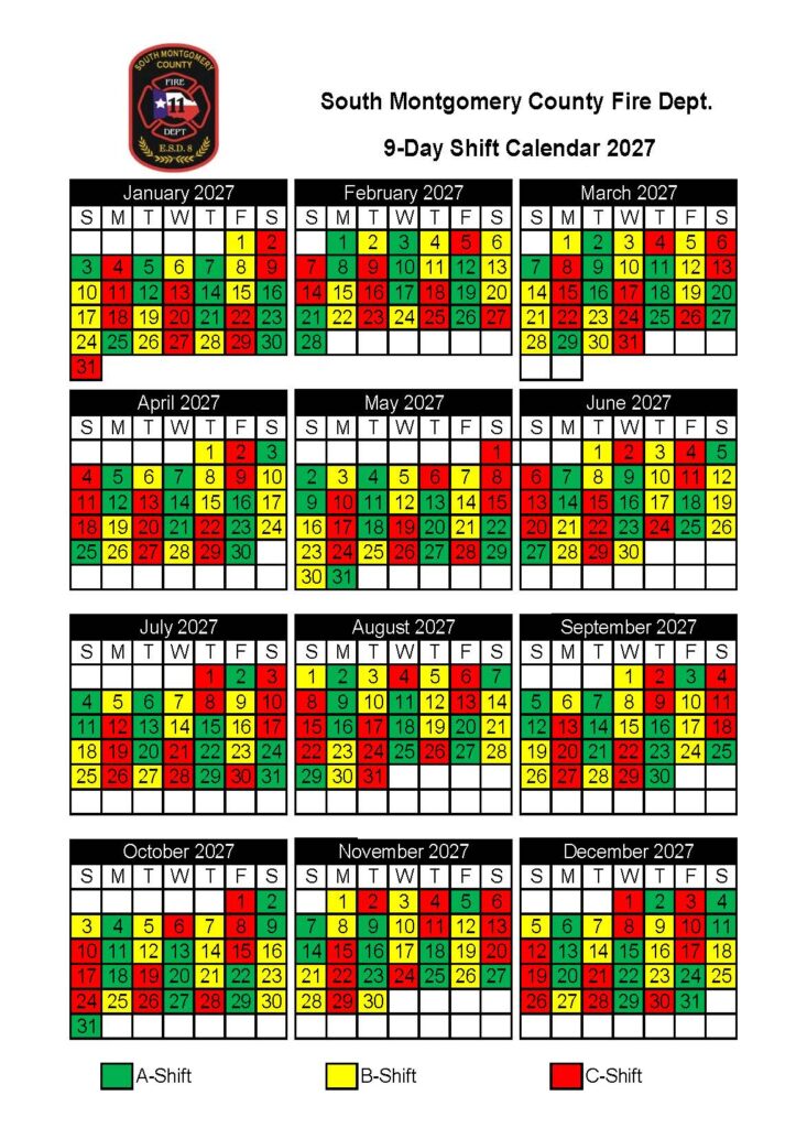A shift calendar for South Montgomery County Fire Department for the year 2027, displaying a 9-day rotating shift schedule with A-Shift in green, B-Shift in yellow, and C-Shift in red across each month.