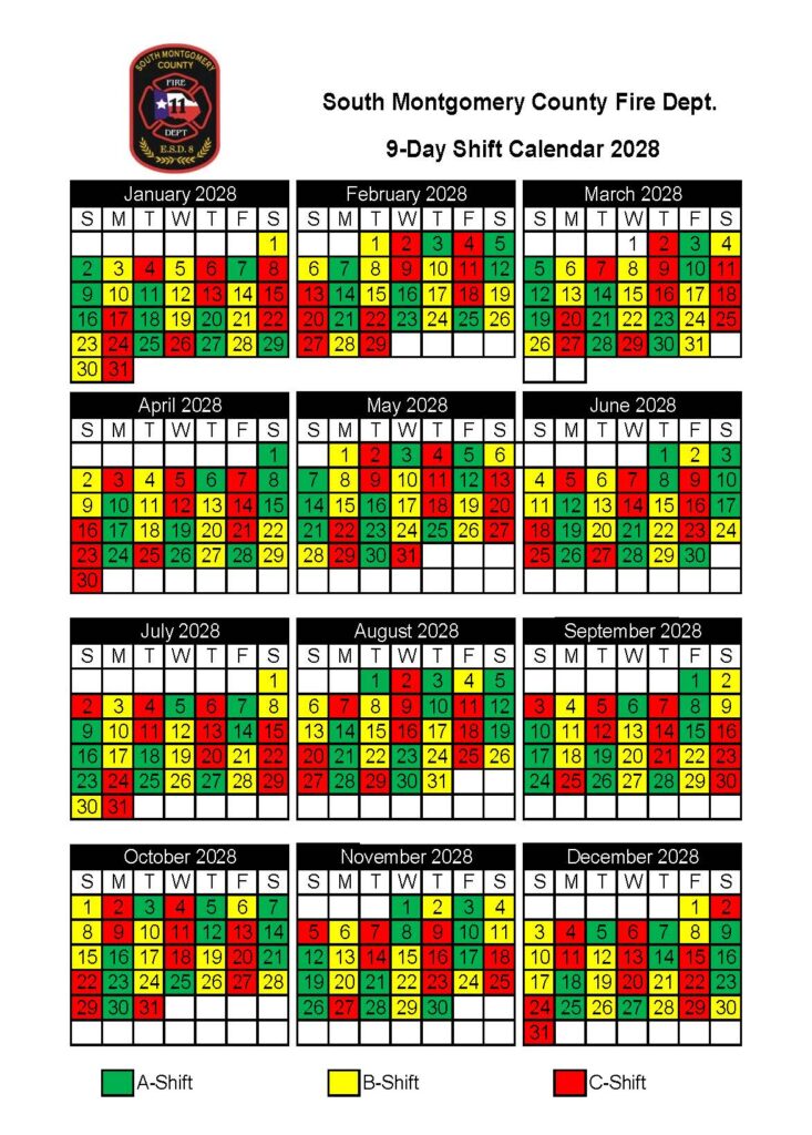 A shift calendar for South Montgomery County Fire Department for the year 2028, displaying a 9-day rotating shift schedule with A-Shift in green, B-Shift in yellow, and C-Shift in red across each month.