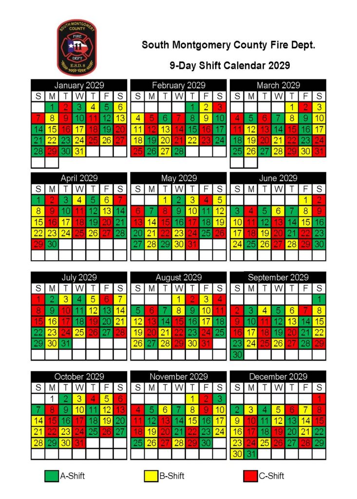 A shift calendar for South Montgomery County Fire Department for the year 2029, displaying a 9-day rotating shift schedule with A-Shift in green, B-Shift in yellow, and C-Shift in red across each month.
