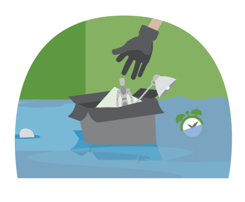 A gloved hand placing items into a box floating in water, with a clock and some personal items visible, symbolizing the aftermath of a flood.