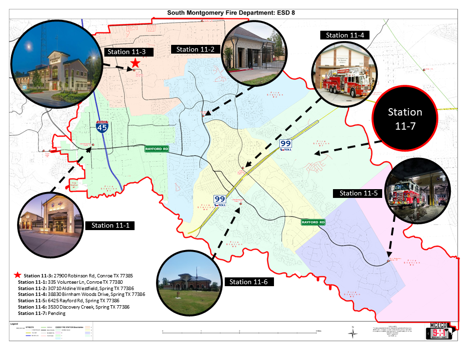 A map of the South Montgomery Fire Department (ESD 8), showing the locations of fire stations 11-1 through 11-7 with marked addresses and images of each station. The map is color-coded by station areas and includes key roads like I-45 and Rayford Road.