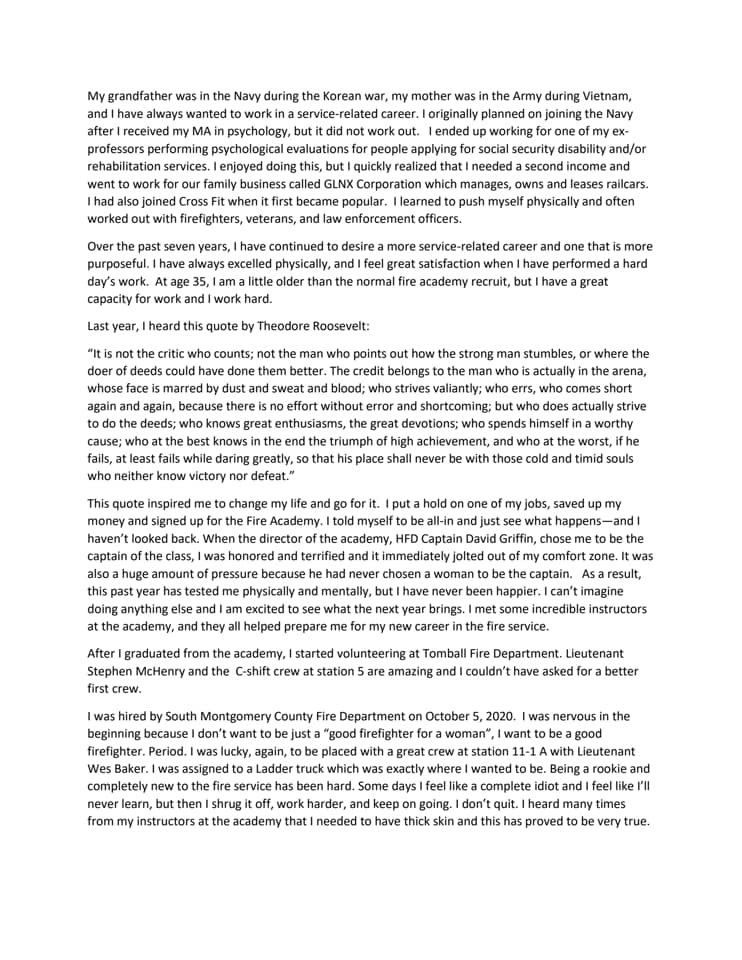 An image of a typed personal narrative. The text reflects on family history in the military, choosing a service-related career, professional growth, and learning from challenges. Includes a motivational quote by Theodore Roosevelt about striving and failing.
