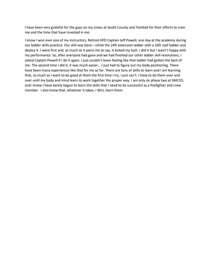 A typed letter expressing gratitude towards crew members at South County and Tomball for their training. The author mentions an incident during ladder skills practice involving a retired HFD Captain, highlighting the learning experience.