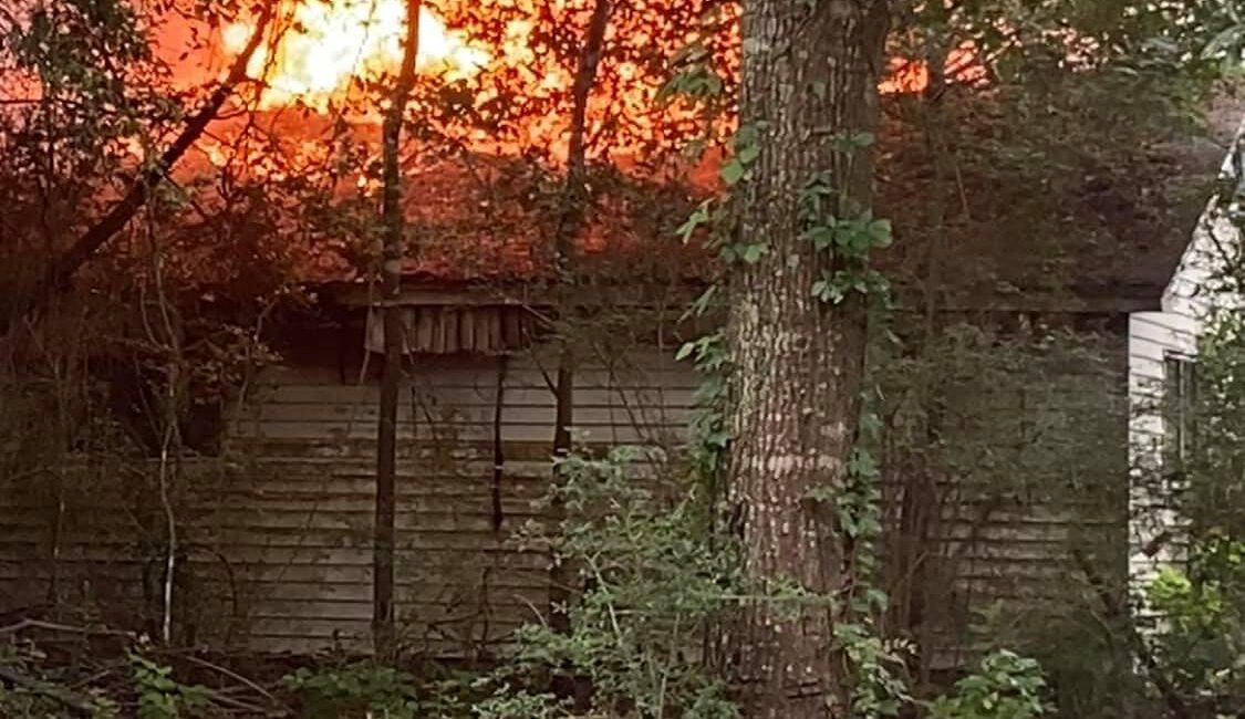 A house engulfed in flames is seen through the trees, with intense orange and yellow flames rising above the roof. The surrounding area has several trees and bushes, with a clear patch of ground in the foreground.