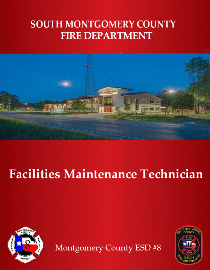 Red flyer for South Montgomery County Fire Department’s “Facilities Maintenance Technician.” Shows a fire station building at dusk, the fire department logos, and “Montgomery County ESD #8” at the bottom.