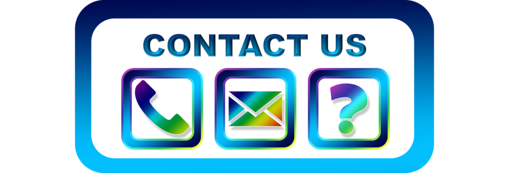 Contact us banner with three colorful icons: a phone, an envelope, and a question mark, representing phone, email, and inquiry contact options.