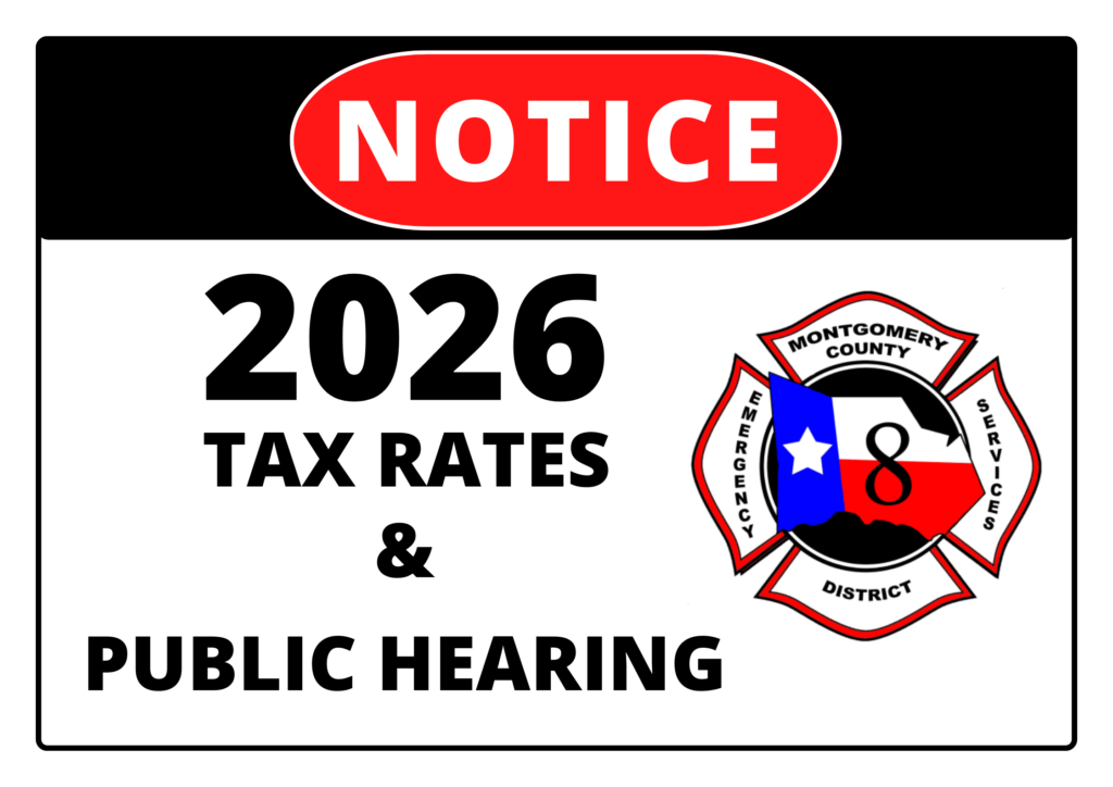 Notice for 2026 tax rates and public hearing with Montgomery County Emergency Services District 8 logo displayed on the right side.